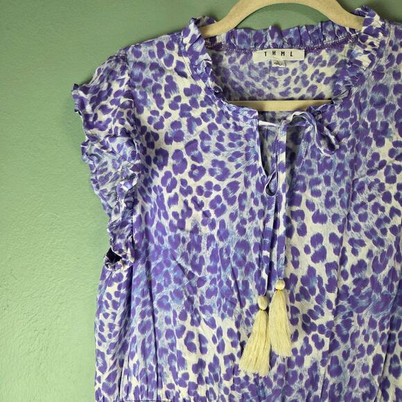 THML Womens Purple Animal Print Flutter Short Sleeve Dress Size Large - Picture 4 of 6